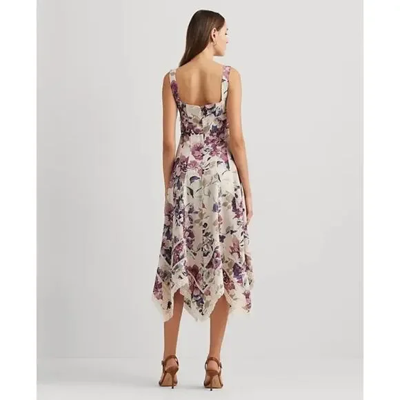 Lauren Ralph Lauren Floral Handkerchief-Hem Midi Dress Cream Multi Size 6 NWT